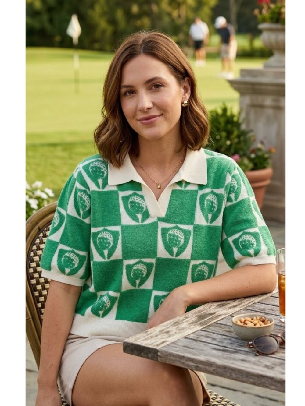 Peach Love California Green & White Short-Sleeve Golf Checker Polo